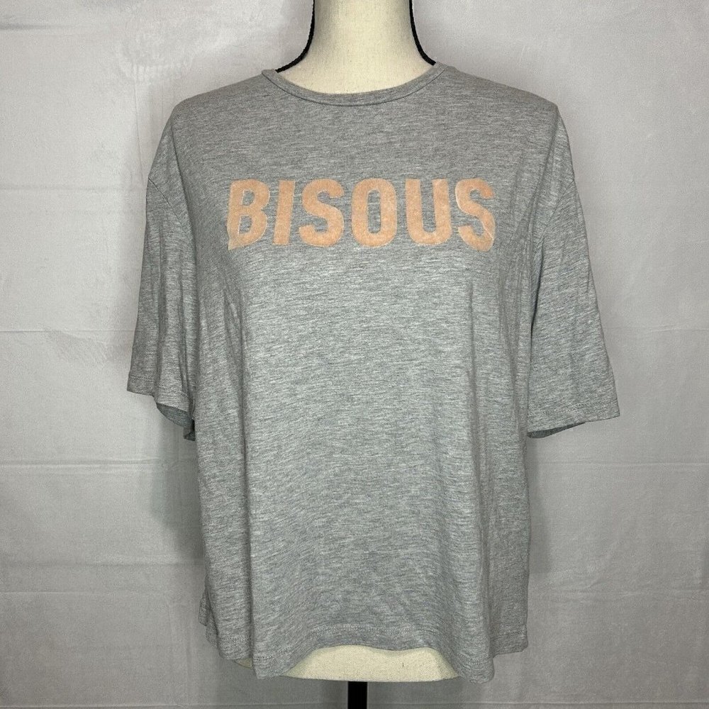 H&M Womens Bisous T-Shirt Top Short Sleeves Crew Neck Tee Gray Size M
